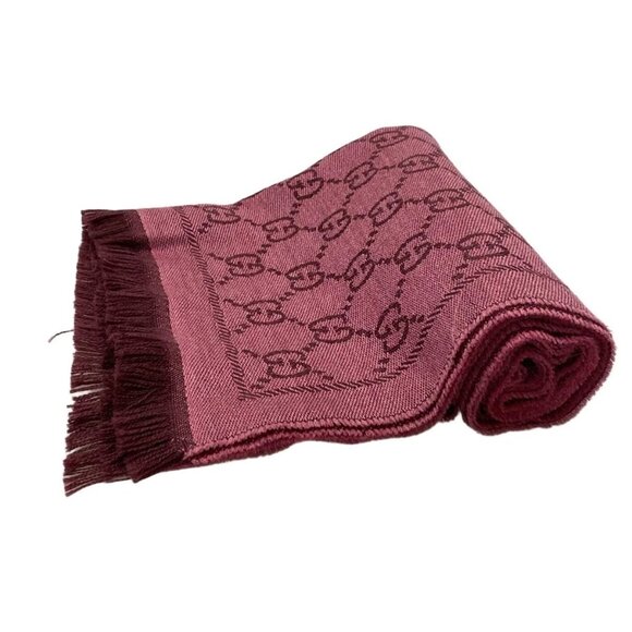 GUCCI GG Wool Scarf Pink Bordeaux Wool - Scarf 324-040925 - Picture 1 of 7